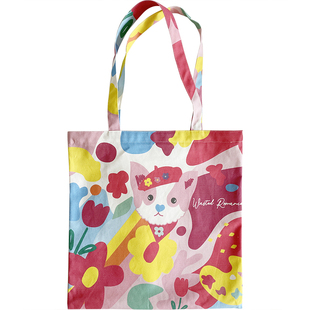 缤纷色彩粉色纯棉文艺女帆布袋猫奴狗奴萌宠单肩拉链双面印花书包