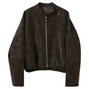 三彩2026春季新款绒感仿麂皮PU长袖外套夹克开衫短款宽松休闲M