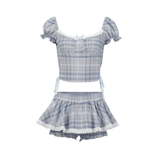 GirlyFancyClub音乐节穿搭格纹短款上衣裙裤两件套女团风甜辣套装