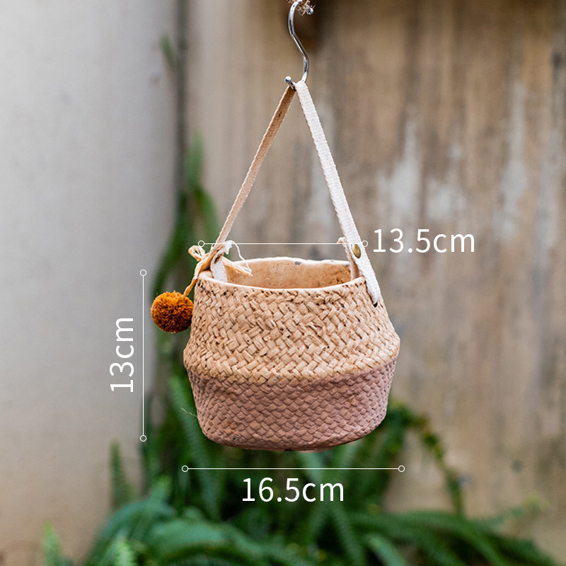 草编效果水泥吊篮花盆器手提装饰糖果色北欧壁挂家居客厅摆件i.