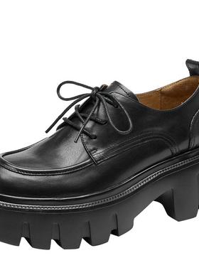 BeauToday黑色系带小皮鞋休闲鞋女款夏季BT增高厚底鞋女2024新款
