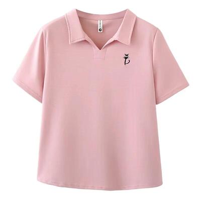 夏装大码POLO领小猫刺绣女T恤
