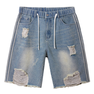 潮牌毛边破洞牛仔短裤男胖子大码漏洞五分裤加肥加大肥佬宽松中裤