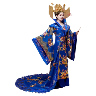 蓝色古装女汉服皇后服装女士唐朝贵妃走秀礼服演出服古代宫廷古风
