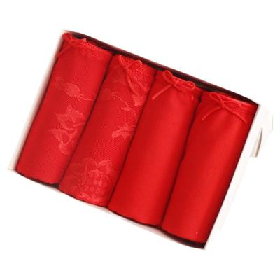 蝶安芬女士内裤女性感蕾丝中腰大红色喜庆本命年棉质短裤4条礼盒