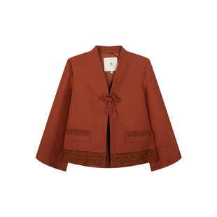 一城画一新款通勤短款外套新中式盘扣蕾丝拼接下摆短外套