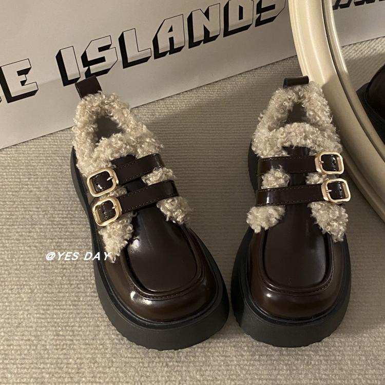 日系厚底羊羔毛加绒小皮鞋女2025冬季新款百搭复古英伦风保暖棉鞋