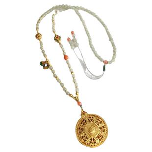 天然和田玉珠链吊坠中国风新中式项链金锁八宝罗盘绳子古法金绳