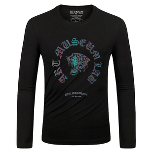 美式高街男款t恤 潮牌印花图案圆领修身青少年老虎头男士长袖体恤