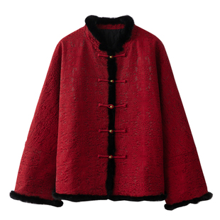 一丝牵浮雕锦油绸真丝香云纱夹棉貂毛外套桑蚕丝新中式棉衣棉服冬