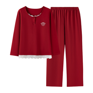 卡之恋睡衣女款2025新款秋冬季纯棉长袖加厚红色结婚蕾丝边家居服