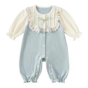 贝贝城婴儿连体衣春季2026新款女宝宝甜美爬服洋气婴幼童拼色衣服