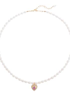 玫红爱心天然珍珠女锁骨颈链