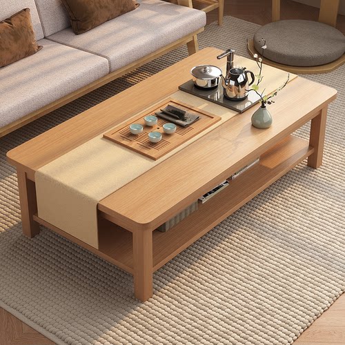 三梦实木茶几客厅家用小户型方形双层茶桌新款出租屋办公室小桌子