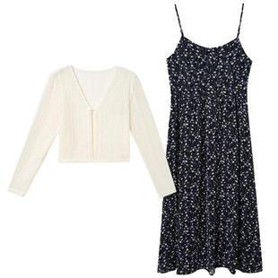 紫涵吊带裙套装夏新款雪纺碎花连衣裙+短款针织镂空小外套两件套