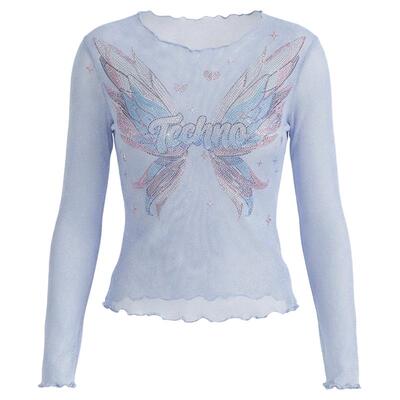 浅蓝色透气烫钻T恤显瘦