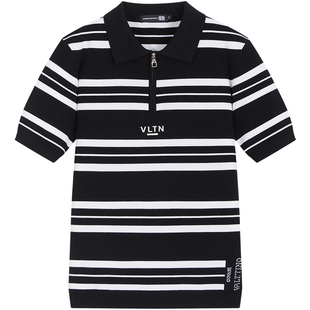 BM男士羊毛衫2024新款黑白撞色条纹针织短袖男潮流翻领毛衣早秋季