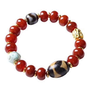 南红玛瑙藏式手串 虎牙天珠钙化玛瑙搭配 文玩手链女夏 气质显白