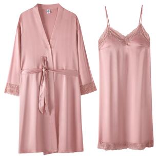 睡衣女士睡袍春秋款仿真丝绸薄款性感风家居服女款吊带睡裙两件套