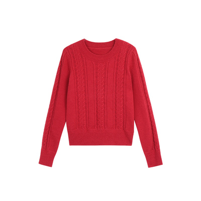 pusumede 惬意轻盈 经典麻花圆领套头毛衣女气质亲肤针织衫上衣