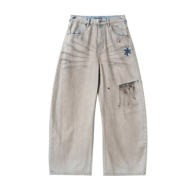 【现货】SHELLE ARTISTE26夏季新款做旧破洞手工彩钉阔腿牛仔裤