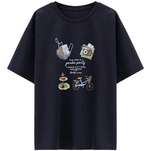 LAGOGO花园派对印花T恤女拉谷谷2026年春新款显白藏青宽松上衣