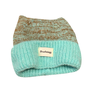 可爱猫耳朵薄荷绿混彩毛线帽女冬加厚保暖冷帽大头围防寒针织帽子