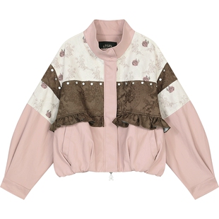 妖精的口袋重工撞色拼接粉色皮衣外套女2026年早春新款甜酷高级感