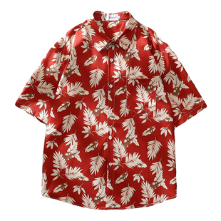 夏威夷冰丝沙滩短袖花衬衫男夏季泰国海边度假东南亚休闲半袖衬衣