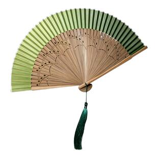 古风扇子中国风女士绿色折扇舞蹈汉服折叠夏天旗袍纯色便携小竹扇