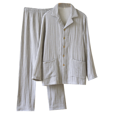 秋冬纯棉睡衣男加厚四层纱布长袖2026新款100%全棉格子家居服套装