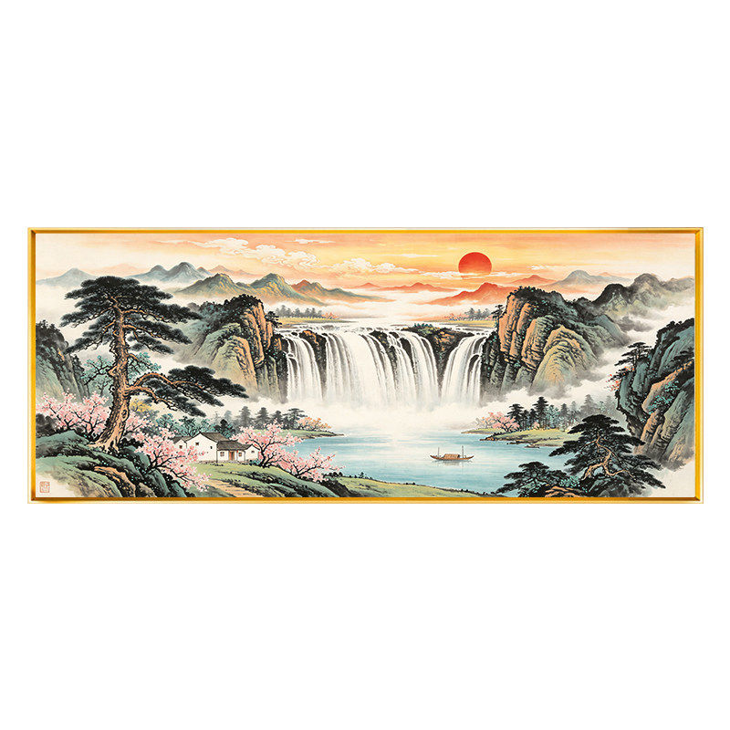 中式聚宝盆山水风景十字绣2026新款水墨风客厅沙发背景墙满绣线绣
