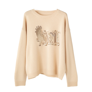 M@x意周末线~马年字母烫钻亮片 羊绒羊毛衫宽松圆领套头针织毛衣