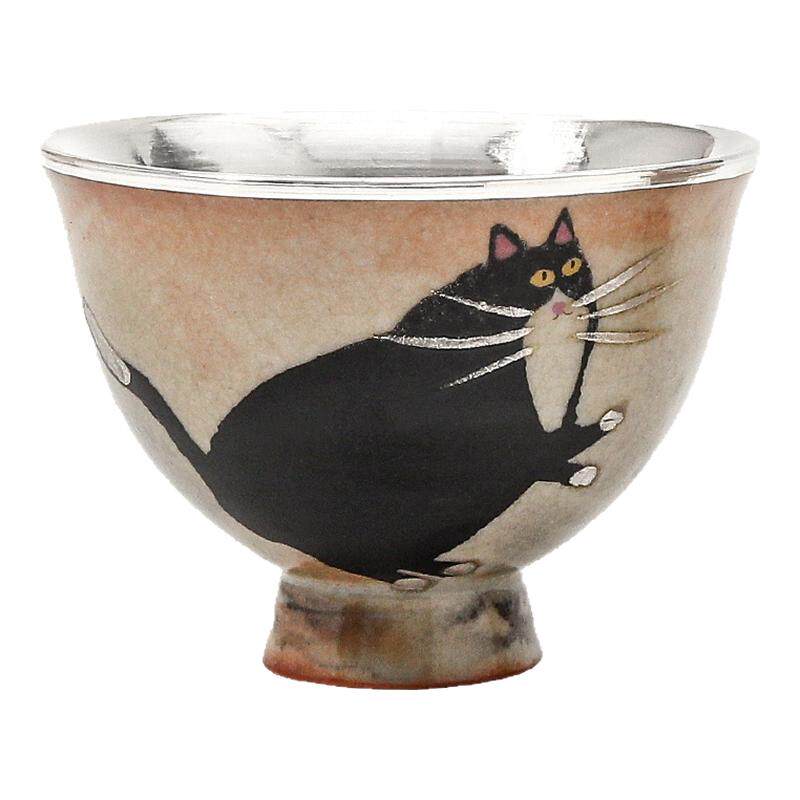 手绘至野烧可爱猫咪包银杯品茗杯