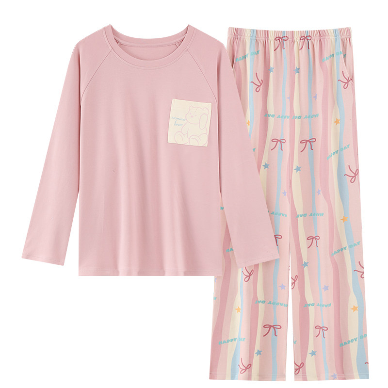 雅鹿100%棉女家居服长袖睡衣套装