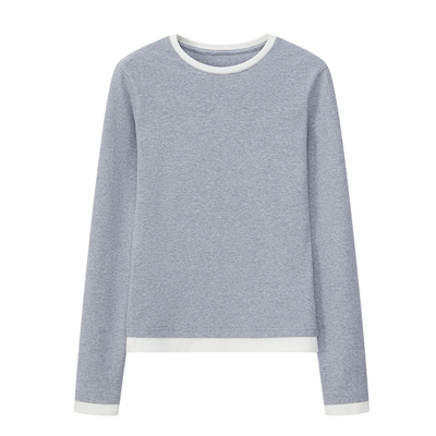 撞色假两件针织修身长袖T恤女