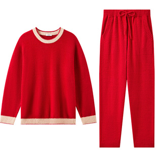 曼妮芬半边绒休闲家居套装圆领长袖长裤男本命年红起居服20320703