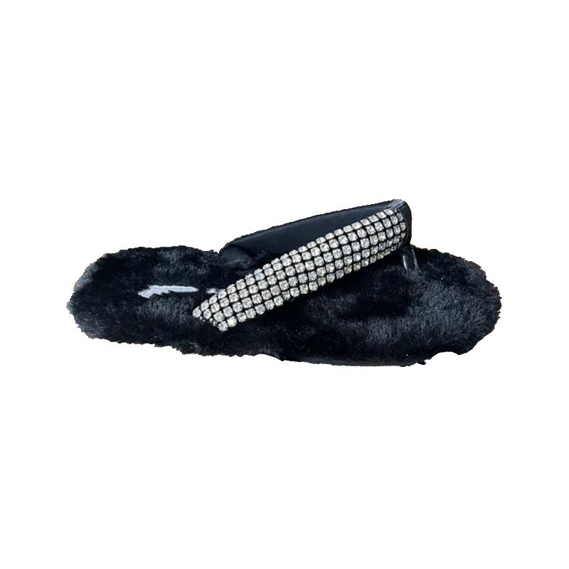 水钻重工毛毛拖人字拖鞋女2025秋冬新款百搭夹脚厚底保暖拖鞋欧美