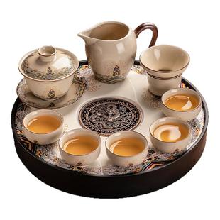 瓷牌茗功夫茶具套装陶瓷盖碗茶壶排蓄两用茶盘高档家用办公喝茶器