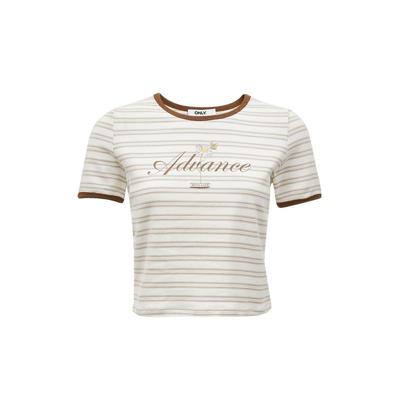 【新】绫致ONLY25春夏潮时尚撞色条纹印花圆领短款T恤女上衣