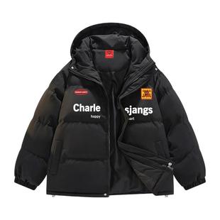 查尔斯桃心 美式字母印花棉衣男潮牌秋冬季抗寒保暖连帽棉服外套