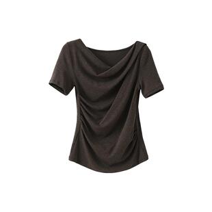 POPCHRIO欧可芮◆高级感褶皱荡领短袖收腰T恤不规则V领打底上衣女
