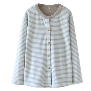 日系条纹德绒女士睡衣长袖宽松加厚保暖双面绒家居服单件上衣外穿