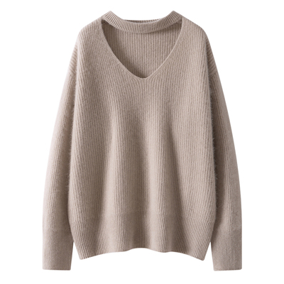 100%纯山羊绒衫女V领挂脖针织衫