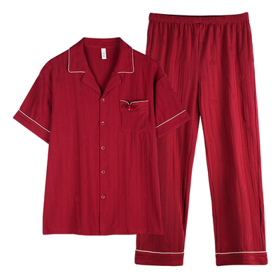 轩靓男士短袖红品纯棉家居服套装