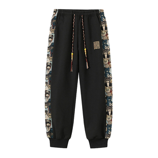 啄木鸟集团官方国潮印花休闲裤男士加绒束脚抽绳长裤潮牌工装裤TZ