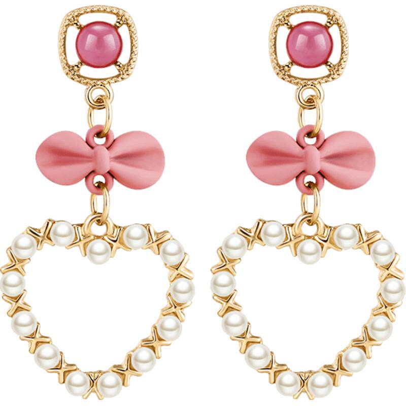 蝴蝶结爱心耳钉女气质韩国个性网红桃心精致中长款纯银针珍珠耳坠
