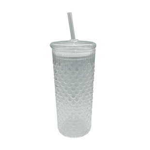 超大容量耐高温玻璃吸管杯女生冰美式咖啡杯高颜值鱼鳞浮雕玻璃杯