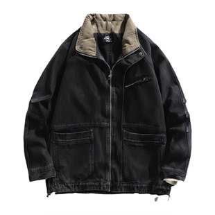 2025秋冬季新款立领加绒牛仔外套男宽松拉链假两件加厚加棉夹克潮