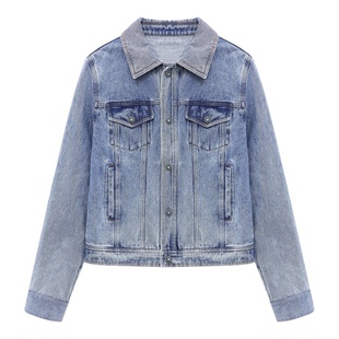 Basic House/百家好早春新款复古翻领牛仔夹克女做旧修身短款外套